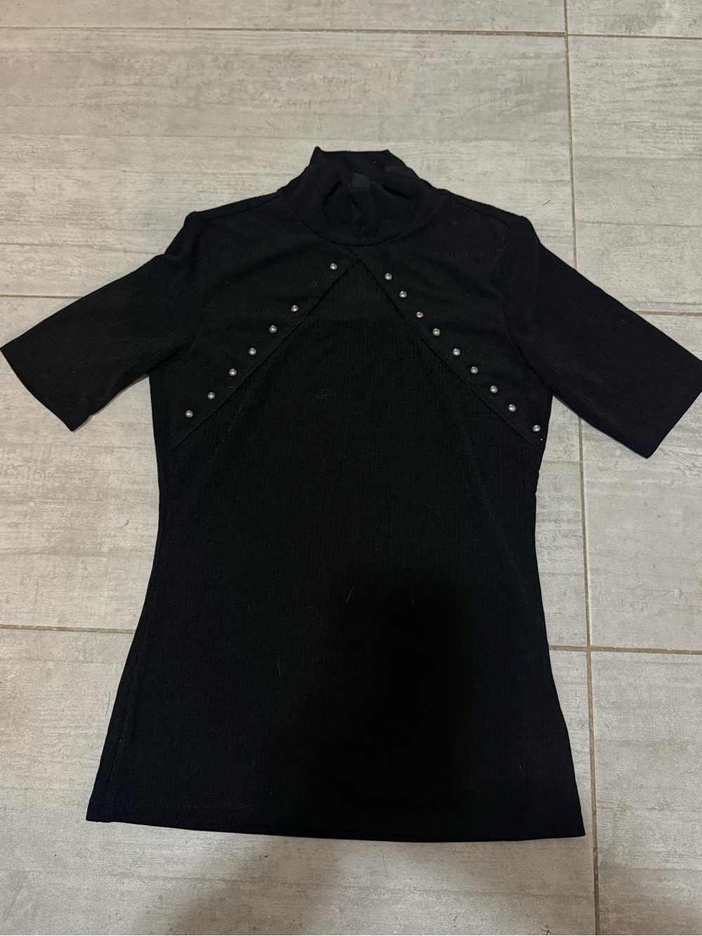 Vintage Black Studded Short-Sleeve Mock Neck Top